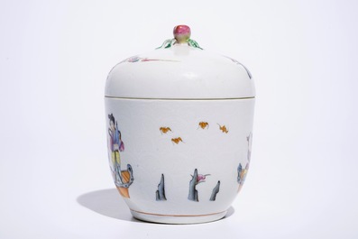 A fine Chinese famille rose on sgraffiato ground bowl and cover, Jiaqing mark, 19/20th C.