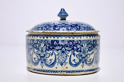 A Dutch Delft blue and white tobacco box and cover, 18th C.