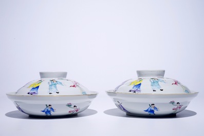 A pair of Chinese famille rose covered bowls with the eight immortals, Guangxu mark and prob. of the period, 19/20th C.
