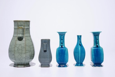 Three Chinese turquoise glazed and two crackle glazed vases, 18th C. and later