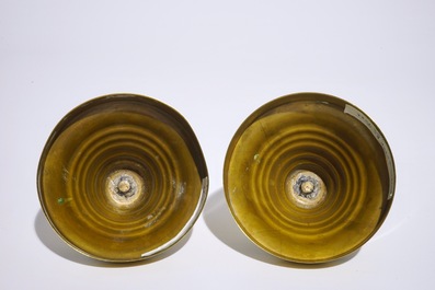 A pair of Dutch Delft blue and white tobacco jars with brass covers, 19th C.