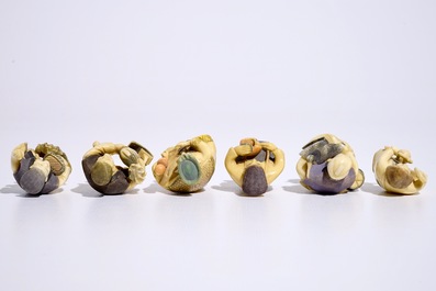 A collection of six polychrome Japanese ivory netsuke, Taisho, 2nd quarter 20th C., signed