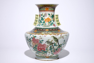 A large Chinese famille rose hu-shaped vase with birds among flowers, Qianlong mark, 19th C.