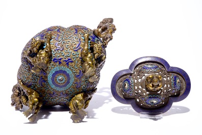 An unusual Chinese enamelled and gilt bronze censer on lion-shaped feet, 18/19th C.