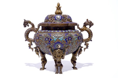 An unusual Chinese enamelled and gilt bronze censer on lion-shaped feet, 18/19th C.