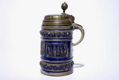 A large Westerwald stein with pewter lid decorated with views of Cologne, 17th C.