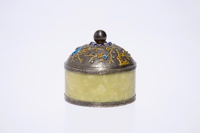 A Chinese enameled silver and jade cylindrical box, ca. 1900