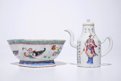 A Chinese famille rose wu shuang pu jug and a bowl with mandarin ducks, 19th C.