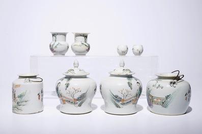 A collection of Chinese qianjiang cai and famille rose vases, teapots and cups, 19/20th C.