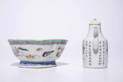 A Chinese famille rose wu shuang pu jug and a bowl with mandarin ducks, 19th C.