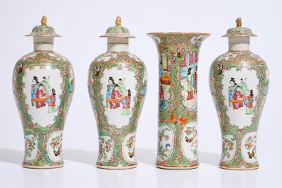 A four-piece Chinese Canton rose medallion garniture of vases, 19th C.