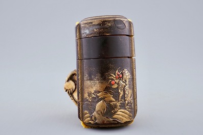 A Japanese four-case lacquer inro with ivory turtle netsuke, Meiji, 19th C.