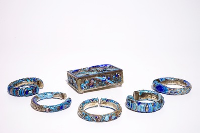 A Chinese enameled silver box and cover and five bracelets, 19th C.