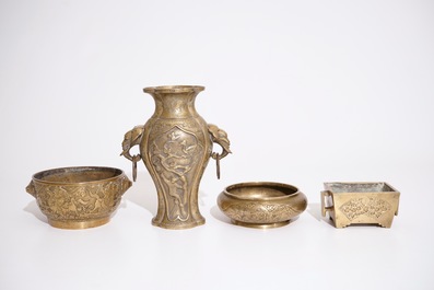 Three Chinese bronze censers or bowls and a vase, 19/20th C.