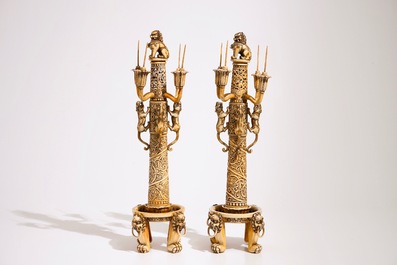 An exceptional pair of large Chinese reticulated ivory candlesticks, 18/19th C.