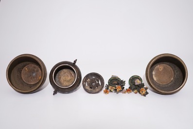 A Japanese censer, a pair of urns and two semi-precious stone trees in bronze and champlev&eacute;, Meiji, 19/20th C.