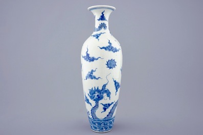 A Chinese blue and white meiping dragon vase, Kangxi mark, 19th C.