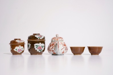 Two Chinese Batavian ware covered bowls, two cups and saucers, and a Japanese Imari teapot, 18th C.