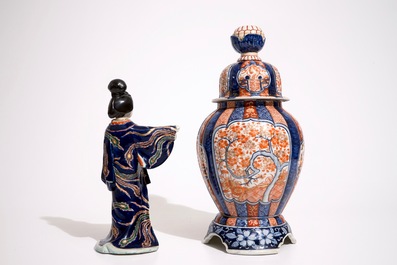 A Japanese Imari vase on stand and a Kutani model of a bijin, Meiji, 19th C.