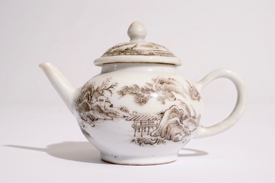 A Chinese grisaille miniature teapot with a landscape design, Yongzheng