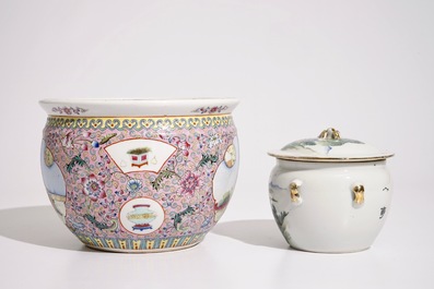 A Chinese qianjiang cai food bowl and cover and a famille rose flowerpot, 19/20th C.