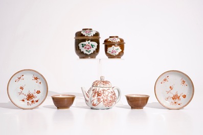 Two Chinese Batavian ware covered bowls, two cups and saucers, and a Japanese Imari teapot, 18th C.