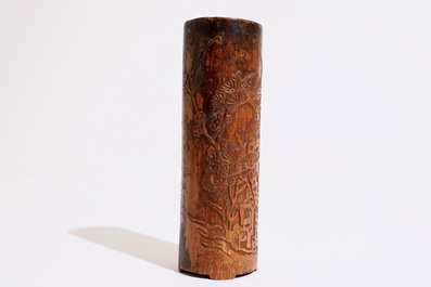 A Chinese carved and inscribed bamboo brush pot, 19/20th C.