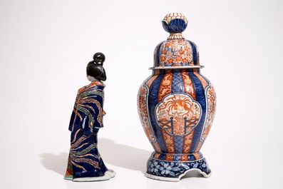 A Japanese Imari vase on stand and a Kutani model of a bijin, Meiji, 19th C.