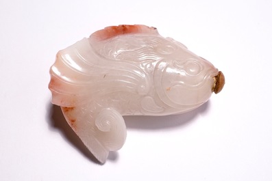 A Chinese carved red and white jade snuff bottle in the shape of a carp, 19th C.