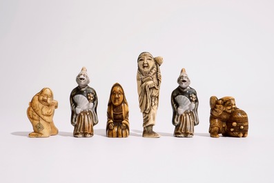 Six netsuke en ivoire et porcelaine, Japon, Meiji/Taisho, 19/20&egrave;me