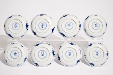 A set of eight Chinese blue and white cups and saucers, 19th C.