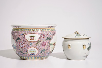 A Chinese qianjiang cai food bowl and cover and a famille rose flowerpot, 19/20th C.