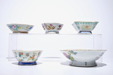 Five Chinese famille rose and qianjiang cai bowls and a famille rose plate, 18/20th C.