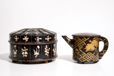 Two Japanese lacquer and mother of pearl boxes and a teapot, Meiji, 19/20th C.