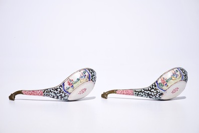 A pair of Chinese Canton enamel spoons with phoenix-head handles, Qianlong