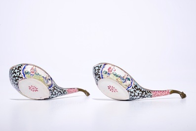 A pair of Chinese Canton enamel spoons with phoenix-head handles, Qianlong