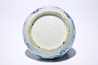 A Chinese blue and white kendi, Ming, Wanli and three blue and white plates, Kangxi