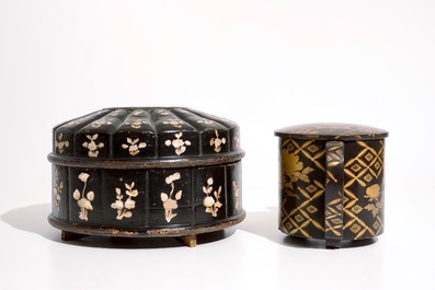 Two Japanese lacquer and mother of pearl boxes and a teapot, Meiji, 19/20th C.