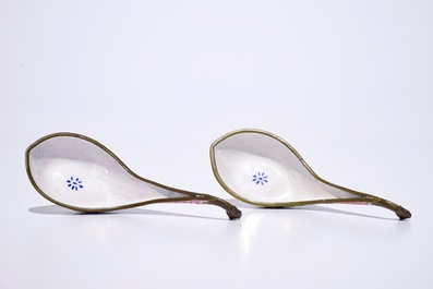 A pair of Chinese Canton enamel spoons with phoenix-head handles, Qianlong