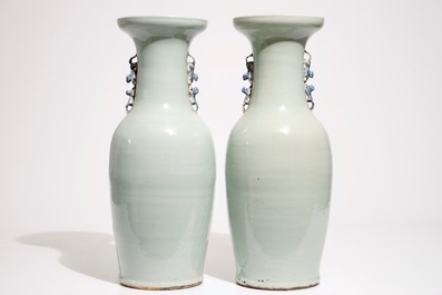 A pair of Chinese vases in blue and white on celadon ground with cranes, 19th C.