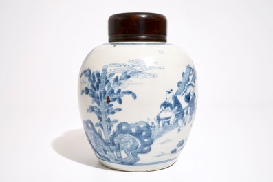 Een Chinese blauw-witte gemberpot met spelende zotjes, Kangxi