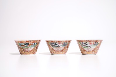 Three Chinese famille rose cups and saucers with roosters, Yongzheng