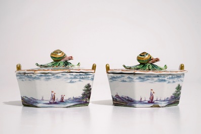 A fine pair of Dutch Delft polychrome petit feu butter tubs with snail-shaped finials, 18th C.