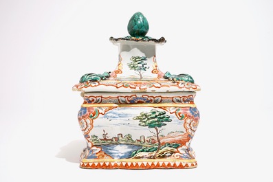 A Dutch Delft polychrome petit feu tobacco box and cover with fine landscapes, 18th C.