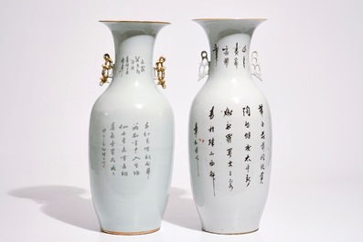 Two tall Chinese famille rose vases with calligraphy, 19/20th C.