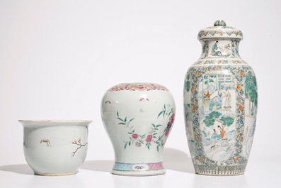 A Chinese Canton famille verte vase, a famille rose flowerpot and a baluster vase, 18/19th C