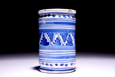 A Dutch Delft blue and white albarello with ornamental design, 17th C.