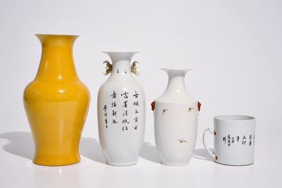 A varied lot of Chinese famille rose, verte and monochrome porcelain, 19/20th C.