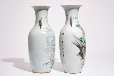 Two tall Chinese famille rose vases with calligraphy, 19/20th C.