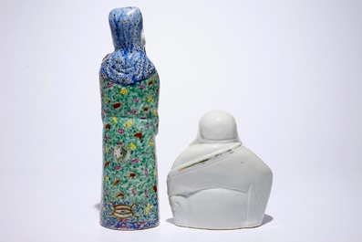 Two Chinese famille rose figures of immortals and a white-glazed model of Buddha, 19/20th C.